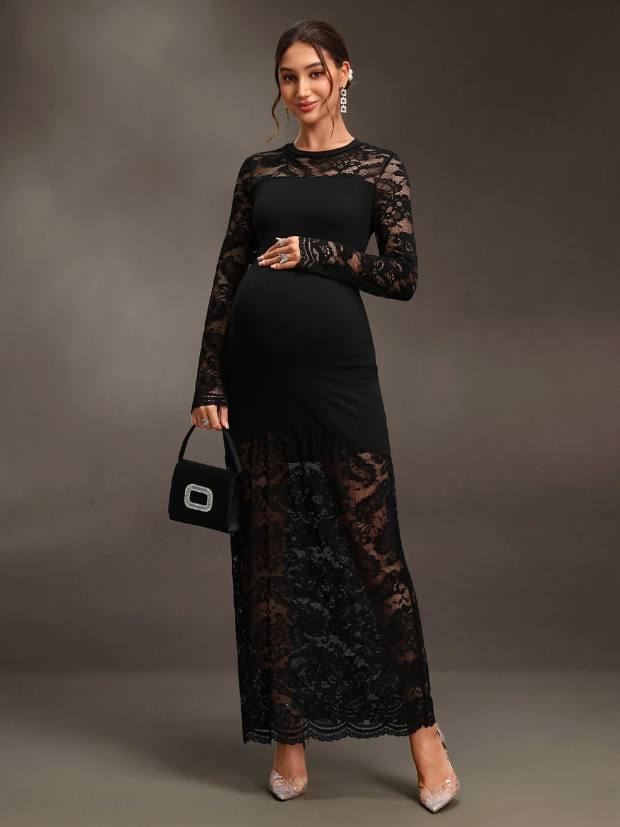 Cheriluna Maternity Black Long Lace Patchwork Maternity Photo Shoot Dress With Flared Sleeves And Mermaid Hem, Elegant Sexy For Party Formal Evening Events Fall - Black - View 1
