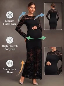Cheriluna Maternity Black Long Lace Patchwork Maternity Photo Shoot Dress With Flared Sleeves And Mermaid Hem, Elegant Sexy For Party Formal Evening Events Fall - Black - View 9