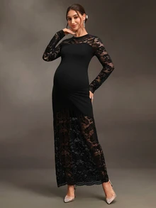 Cheriluna Maternity Black Long Lace Patchwork Maternity Photo Shoot Dress With Flared Sleeves And Mermaid Hem, Elegant Sexy For Party Formal Evening Events Fall - Black - View 4