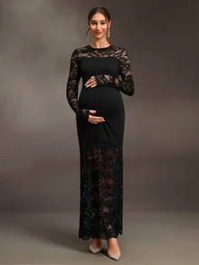 Cheriluna Maternity Black Long Lace Patchwork Maternity Photo Shoot Dress With Flared Sleeves And Mermaid Hem, Elegant Sexy For Party Formal Evening Events Fall - Black - View 8