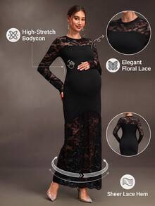Cheriluna Maternity Black Long Lace Patchwork Maternity Photo Shoot Dress With Flared Sleeves And Mermaid Hem, Elegant Sexy For Party Formal Evening Events Fall - Black - View 3