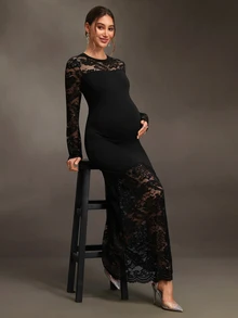 Cheriluna Maternity Black Long Lace Patchwork Maternity Photo Shoot Dress With Flared Sleeves And Mermaid Hem, Elegant Sexy For Party Formal Evening Events Fall - Black - View 5