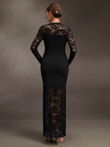 Cheriluna Maternity Black Long Lace Patchwork Maternity Photo Shoot Dress With Flared Sleeves And Mermaid Hem, Elegant Sexy For Party Formal Evening Events Fall - Black - View 2