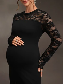 Cheriluna Maternity Black Long Lace Patchwork Maternity Photo Shoot Dress With Flared Sleeves And Mermaid Hem, Elegant Sexy For Party Formal Evening Events Fall - Black - View 6