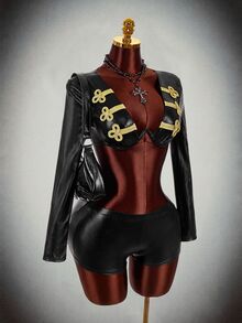 Amplova Y2K Halloween Deep V-Neck Underwire Long Sleeve Fitted Bodycon Waist-Hugging Navy Style Napoleon Button Women's Two Pieces Set - Black - View 8