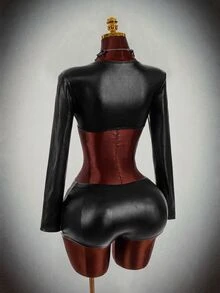 Amplova Y2K Halloween Deep V-Neck Underwire Long Sleeve Fitted Bodycon Waist-Hugging Navy Style Napoleon Button Women's Two Pieces Set - Black - View 12