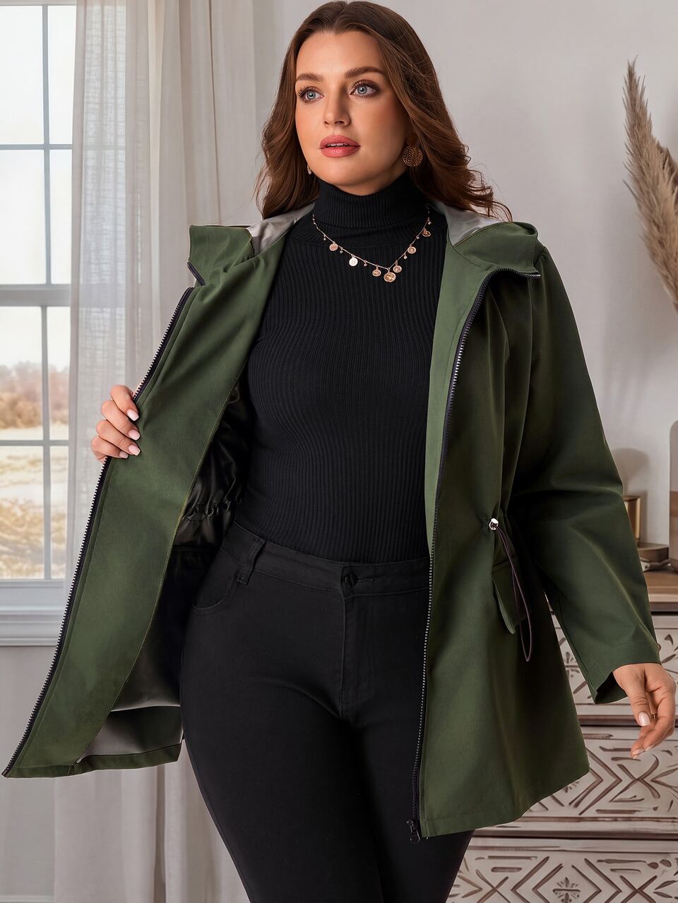 Plus Size Cinched Waist Hooded Trench Coat Jacket Winter Clothes Army Green Hooded Zip-Up Autumn And Winter Casual Windbreaker Fall