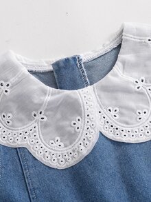 SHEIN 小女孩復古深藍色牛仔洋裝，秋季仙女風鏤空翻領蝴蝶結無袖A字公主裙，7歲生日花童派對穿搭 - 藍色 - 查看 9