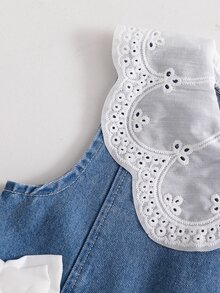 SHEIN 小女孩復古深藍色牛仔洋裝，秋季仙女風鏤空翻領蝴蝶結無袖A字公主裙，7歲生日花童派對穿搭 - 藍色 - 查看 6