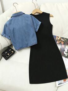 Elladie kids 2件組女款藍色水洗扭紋牛仔襯衫短外套 + 黑色針織背心洋裝，休閒酷感時尚百搭套裝，適合春夏秋冬戶外聚會 - 黑色 - 查看 2