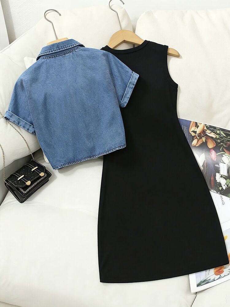 Elladie kids 2件組女款藍色水洗扭紋牛仔襯衫短外套 + 黑色針織背心洋裝，休閒酷感時尚百搭套裝，適合春夏秋冬戶外聚會 - 黑色 - 查看 2