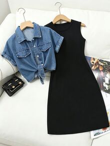 Elladie kids 2件組女款藍色水洗扭紋牛仔襯衫短外套 + 黑色針織背心洋裝，休閒酷感時尚百搭套裝，適合春夏秋冬戶外聚會 - 黑色 - 查看 3