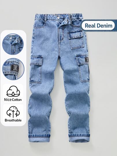 Genkimix Kids Vaqueros de mezclilla de pierna ancha con múltiples bolsillos en azul claro lavado para niños, de algodón puro con etiqueta tejida y parche, pantalones largos de pierna recta casual para la temporada de primavera/otoño de regreso a la escuela