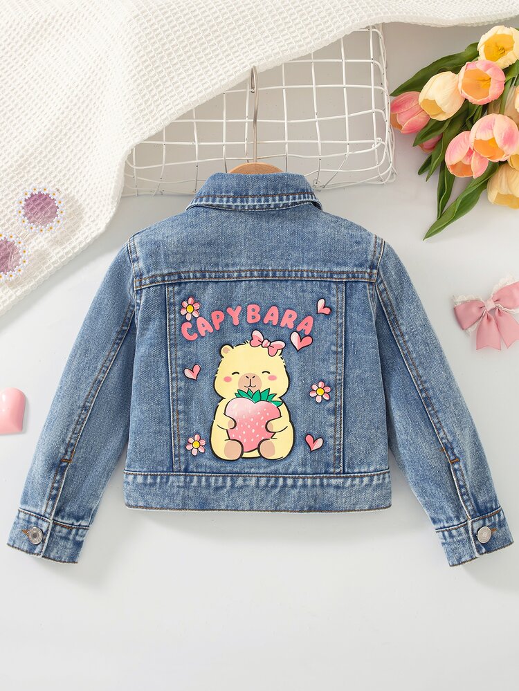 SHEIN Playful Pals Girls' Denim Jacket, Light Blue Washed Denim, Back Printed With English Letters And Cartoon Capybara Holding Strawberry Pattern, Decorated With Pink Hearts And Small Flowers, Suitable For Spring And Autumn, Pairs With T-Shirt, Jeans Or Skirt, Suitable For School, Shopping, Casual Gatherings And Other Occasions, Cute Japanese Girl Style - Light Wash - View 3