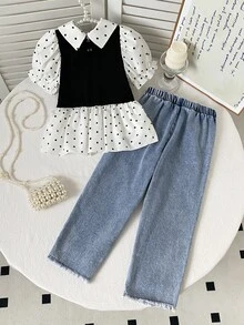 SHEIN Genkimix Kids 女童 2 件套休閒可愛黃色與白色格紋襯衫 T 恤，寬鬆版型，搭配復古中藍色水洗原邊錐形牛仔褲，飾有 3D 黃色花朵，柔軟舒適面料，街頭時尚百搭套裝 - 黑與白 - 查看 3