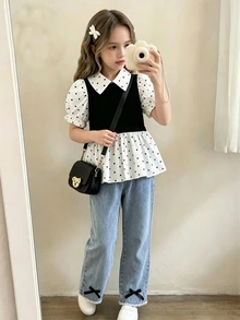 SHEIN Genkimix Kids 女童 2 件套休閒可愛黃色與白色格紋襯衫 T 恤，寬鬆版型，搭配復古中藍色水洗原邊錐形牛仔褲，飾有 3D 黃色花朵，柔軟舒適面料，街頭時尚百搭套裝 - 黑與白 - 查看 4