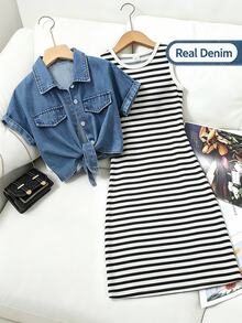 Elladie kids 2件組少女藍色水洗扭花牛仔襯衫短版外套 + 黑色針織背心洋裝，休閒酷感時尚百搭套裝，適合春夏秋冬戶外聚會 - 黑與白 - 查看 2