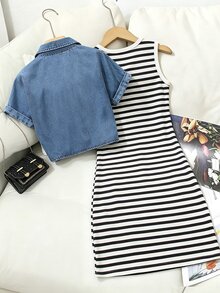 Elladie kids 2件組少女藍色水洗扭花牛仔襯衫短版外套 + 黑色針織背心洋裝，休閒酷感時尚百搭套裝，適合春夏秋冬戶外聚會 - 黑與白 - 查看 3