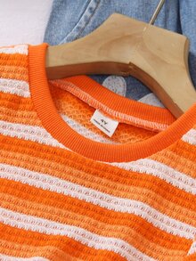 SHEIN Elladie kids 2件組女童夏季休閒時尚嬰兒T恤套裝，橘色針織條紋圓領短袖上衣搭配紫色牛仔印花長褲 - 橘色 - 查看 5