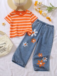 SHEIN Elladie kids 2件組女童夏季休閒時尚嬰兒T恤套裝，橘色針織條紋圓領短袖上衣搭配紫色牛仔印花長褲 - 橘色 - 查看 3