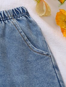 SHEIN Elladie kids 2件組女童夏季休閒時尚嬰兒T恤套裝，橘色針織條紋圓領短袖上衣搭配紫色牛仔印花長褲 - 橘色 - 查看 7