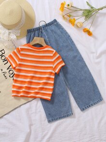SHEIN Elladie kids 2件組女童夏季休閒時尚嬰兒T恤套裝，橘色針織條紋圓領短袖上衣搭配紫色牛仔印花長褲 - 橘色 - 查看 2