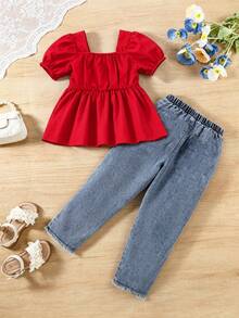 SHEIN Genkimix Kids 少女 2件組休閒可愛黃白格紋襯衫 T-shirt 寬鬆版型搭配復古中藍色水洗毛邊 3D 黃色花朵修身錐形牛仔褲 柔軟舒適面料街頭風時尚百搭套裝 - 紅色 - 查看 2