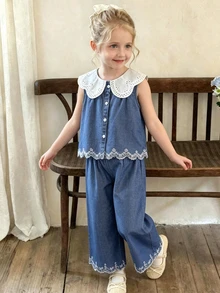 SHEIN Elladie kids Young Girl' Countryside Floral Grid Print White Vest Top And Brown Denim Pants With Ruffle Hem, Cute Elegant Summer Outfit 7th Birthday - Blue - View 3