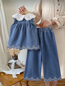 SHEIN Elladie kids Young Girl' Countryside Floral Grid Print White Vest Top And Brown Denim Pants With Ruffle Hem, Cute Elegant Summer Outfit 7th Birthday - Blue - View 2