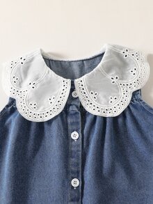 SHEIN Elladie kids Young Girl' Countryside Floral Grid Print White Vest Top And Brown Denim Pants With Ruffle Hem, Cute Elegant Summer Outfit 7th Birthday - Blue - View 5