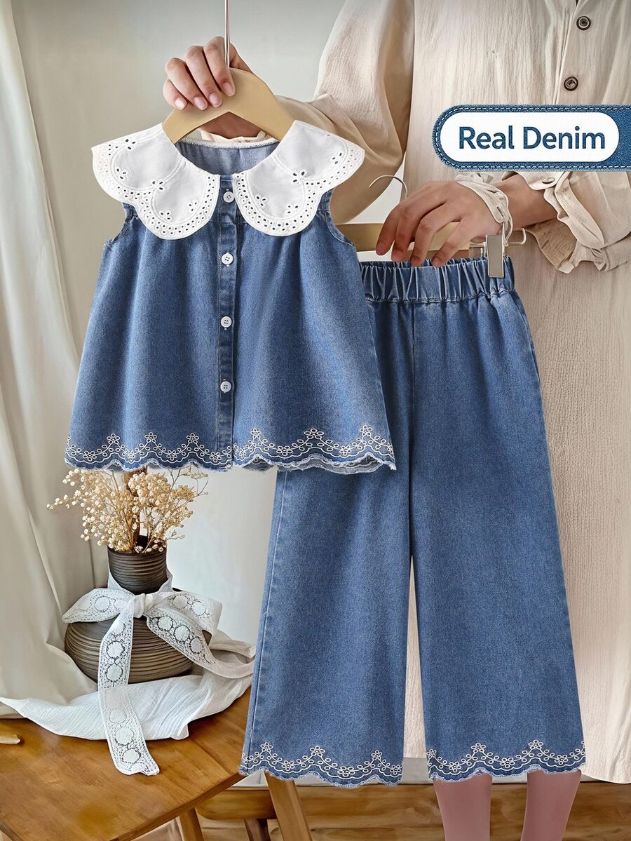 SHEIN Elladie kids Young Girl' Countryside Floral Grid Print White Vest Top And Brown Denim Pants With Ruffle Hem, Cute Elegant Summer Outfit 7th Birthday - Blue - View 1