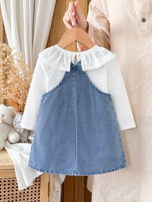 Vintaside Kids Girls Autumn Cute Sweet 2 Pieces Set: White Ribbed Lace Collar Base Layer Top + Daisy Embroidered Patchwork Heart Pocket Washed Denim Overall Dress - Multicolor - View 2