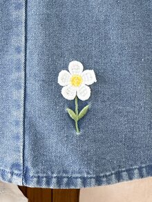 Vintaside Kids Girls Autumn Cute Sweet 2 Pieces Set: White Ribbed Lace Collar Base Layer Top + Daisy Embroidered Patchwork Heart Pocket Washed Denim Overall Dress - Multicolor - View 10