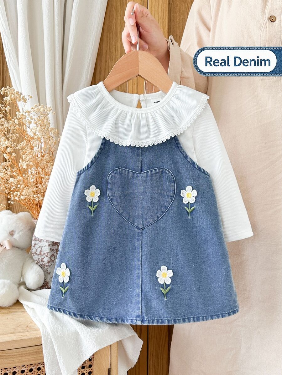Vintaside Kids Girls Autumn Cute Sweet 2 Pieces Set: White Ribbed Lace Collar Base Layer Top + Daisy Embroidered Patchwork Heart Pocket Washed Denim Overall Dress - Multicolor - View 1