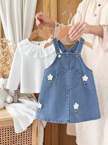 Vintaside Kids Girls Autumn Cute Sweet 2 Pieces Set: White Ribbed Lace Collar Base Layer Top + Daisy Embroidered Patchwork Heart Pocket Washed Denim Overall Dress - Multicolor - View 3