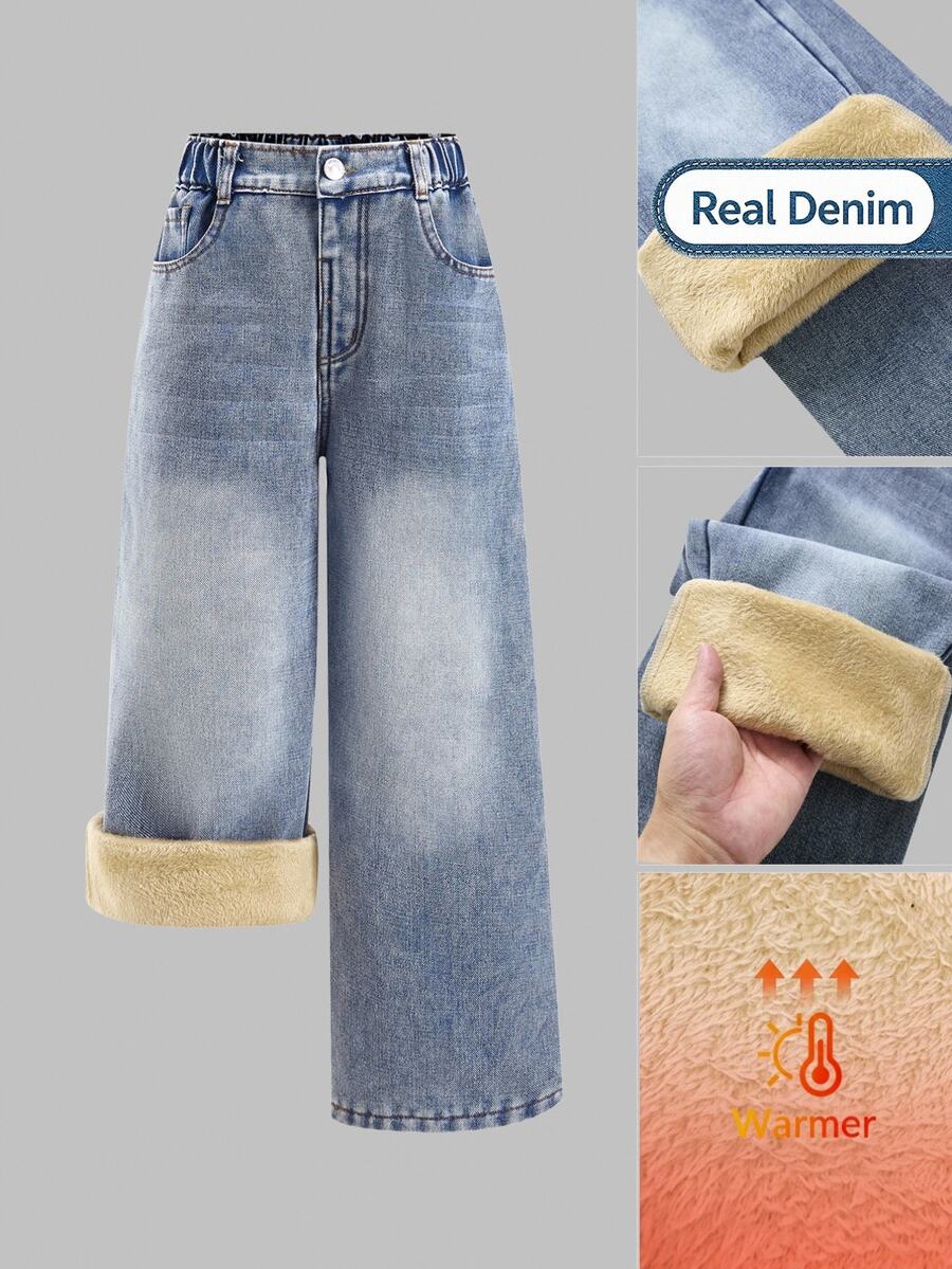 SHEIN Genkimix Kids 女童返校季保暖內裡寬腿牛仔長褲,復古水洗加厚絨毛長褲,休閒復古風大童女孩校園穿搭 - 淺色水洗藍 - 查看 1
