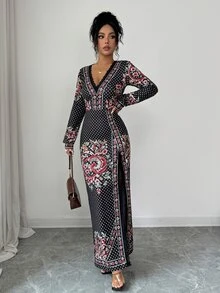 Elenzga Gaun Belahan Paha dengan Hiasan Renda Motif Bunga - Hitam - View 7