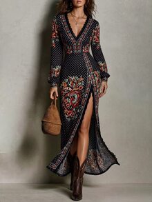 Elenzga Gaun Belahan Paha dengan Hiasan Renda Motif Bunga - Hitam - View 3