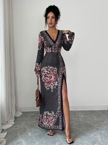 Elenzga Gaun Belahan Paha dengan Hiasan Renda Motif Bunga - Hitam - View 8
