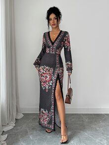 Elenzga Gaun Belahan Paha dengan Hiasan Renda Motif Bunga - Hitam - View 6