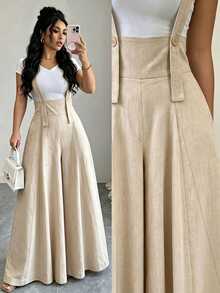 SHEIN Women's High Waist Wide Leg Jumpsuit, Textured Linen-Like Fabric, Button Decor Straps, Loose Flare Leg Style, Light Apricot Casual Draped Long Pants, Summer Commute Vacation Daily Versatile Floor-Length Overalls - Apricot - View 1