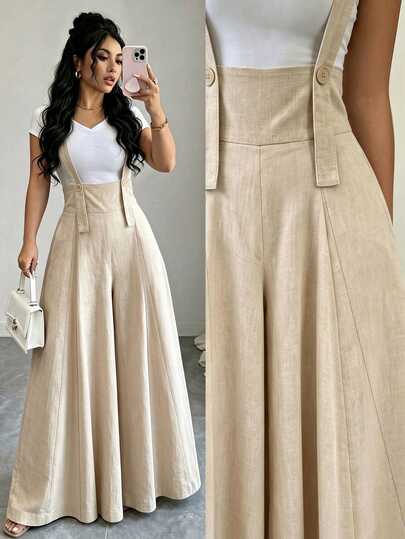 SHEIN Mono de mujer de cintura alta y pierna ancha, tela con textura similar al lino, tirantes con decoración de botones, estilo de pierna acampanada suelta, pantalones largos casuales drapeados de color albaricoque claro, versátil para verano, ir al trabajo, vacaciones y uso diario, mono largo hasta el suelo