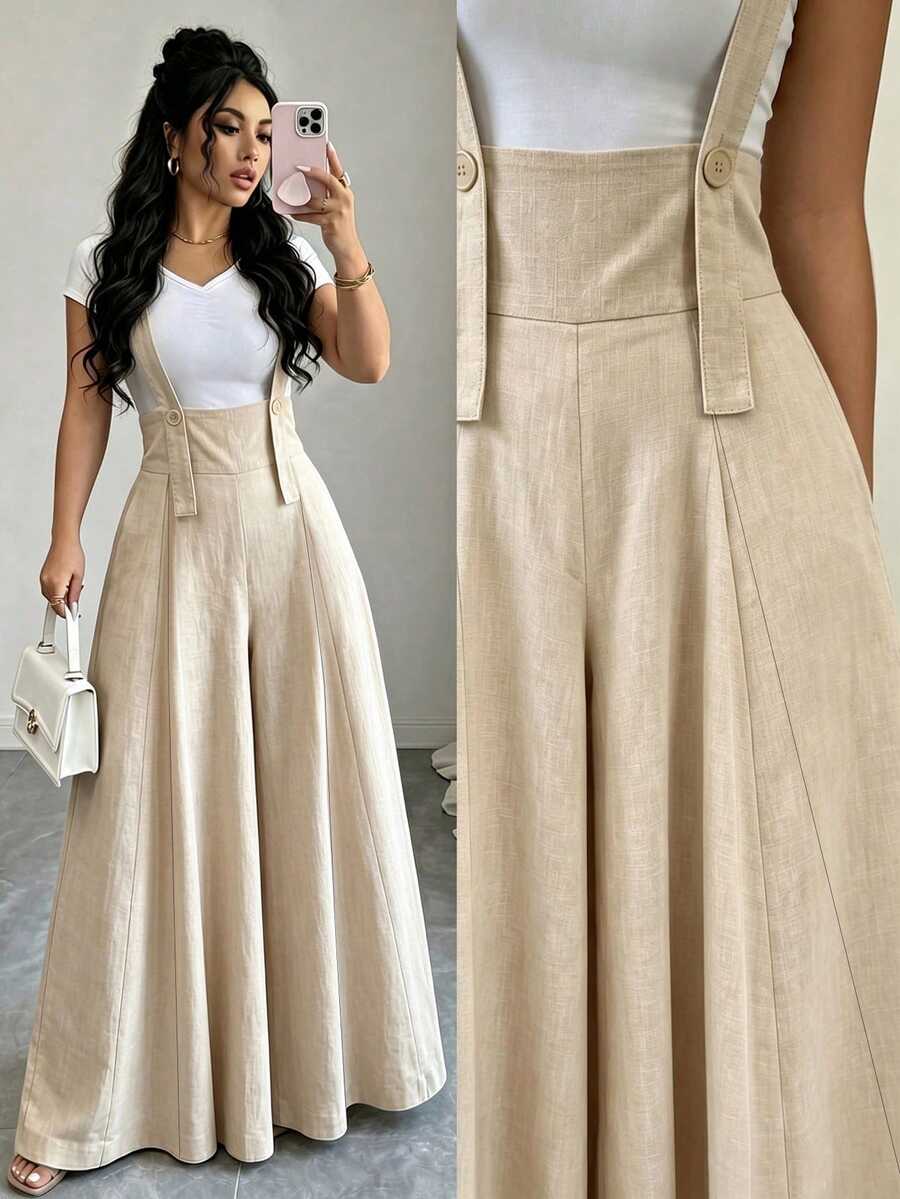 SHEIN Women's High Waist Wide Leg Jumpsuit, Textured Linen-Like Fabric, Button Decor Straps, Loose Flare Leg Style, Light Apricot Casual Draped Long Pants, Summer Commute Vacation Daily Versatile Floor-Length Overalls - Apricot - View 1
