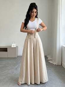 SHEIN Women's High Waist Wide Leg Jumpsuit, Textured Linen-Like Fabric, Button Decor Straps, Loose Flare Leg Style, Light Apricot Casual Draped Long Pants, Summer Commute Vacation Daily Versatile Floor-Length Overalls - Apricot - View 7