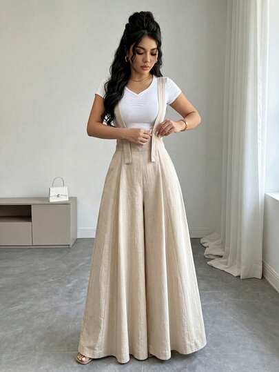 SHEIN Women's High Waist Wide Leg Jumpsuit, Textured Linen-Like Fabric, Button Decor Straps, Loose Flare Leg Style, Light Apricot Casual Draped Long Pants, Summer Commute Vacation Daily Versatile Floor-Length Overalls