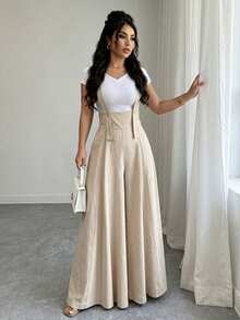 SHEIN Women's High Waist Wide Leg Jumpsuit, Textured Linen-Like Fabric, Button Decor Straps, Loose Flare Leg Style, Light Apricot Casual Draped Long Pants, Summer Commute Vacation Daily Versatile Floor-Length Overalls - Apricot - View 6