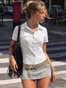 SuriyaCove Woven Fitted Princess Collar Short Sleeve Blouse - White - View 4
