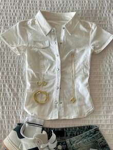 SuriyaCove Woven Fitted Princess Collar Short Sleeve Blouse - White - View 7