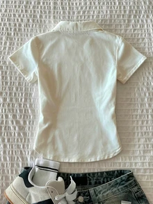 SuriyaCove Woven Fitted Princess Collar Short Sleeve Blouse - White - View 8