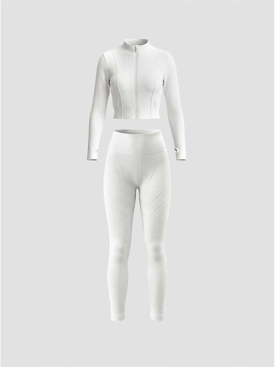 Sweetra Women's Solid Color Zip-Up Long Sleeve Top And Leggings Casual Daily Sports Set - White - View 1